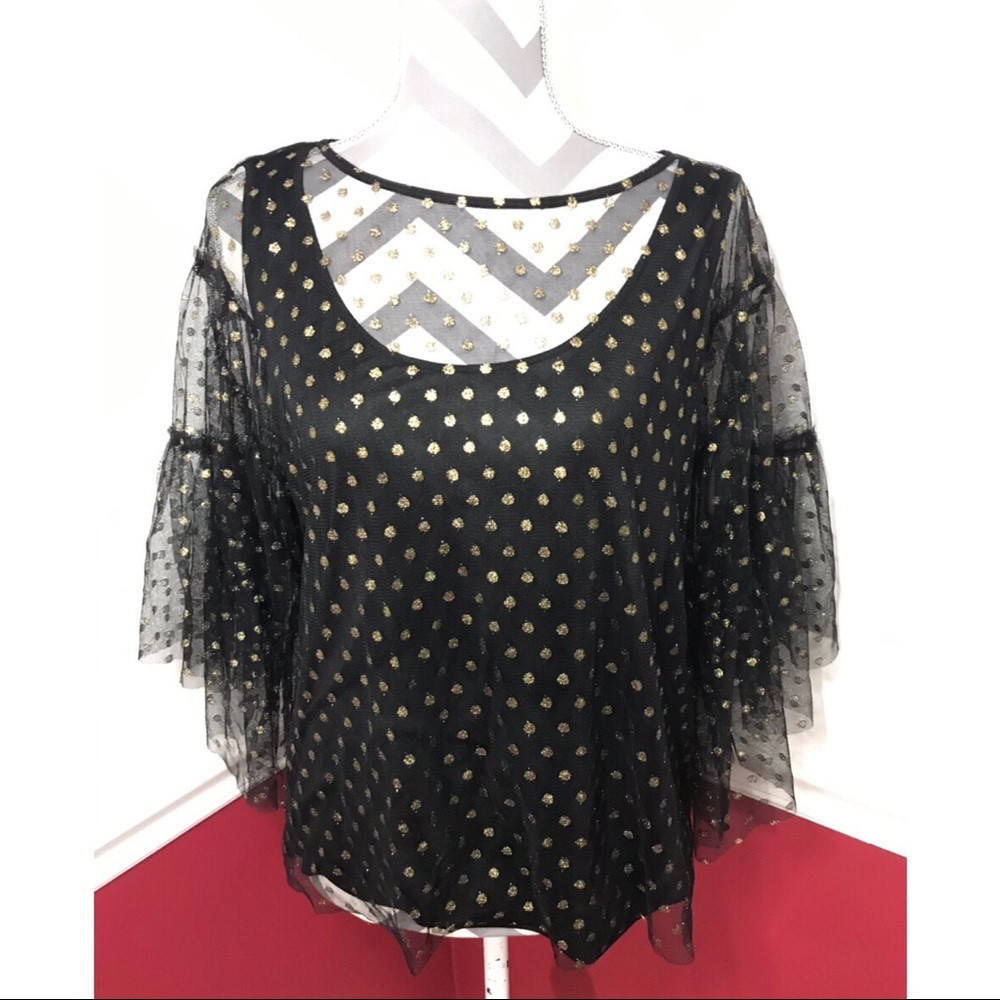 *SOLD*black sheer top w/ gold polka dots